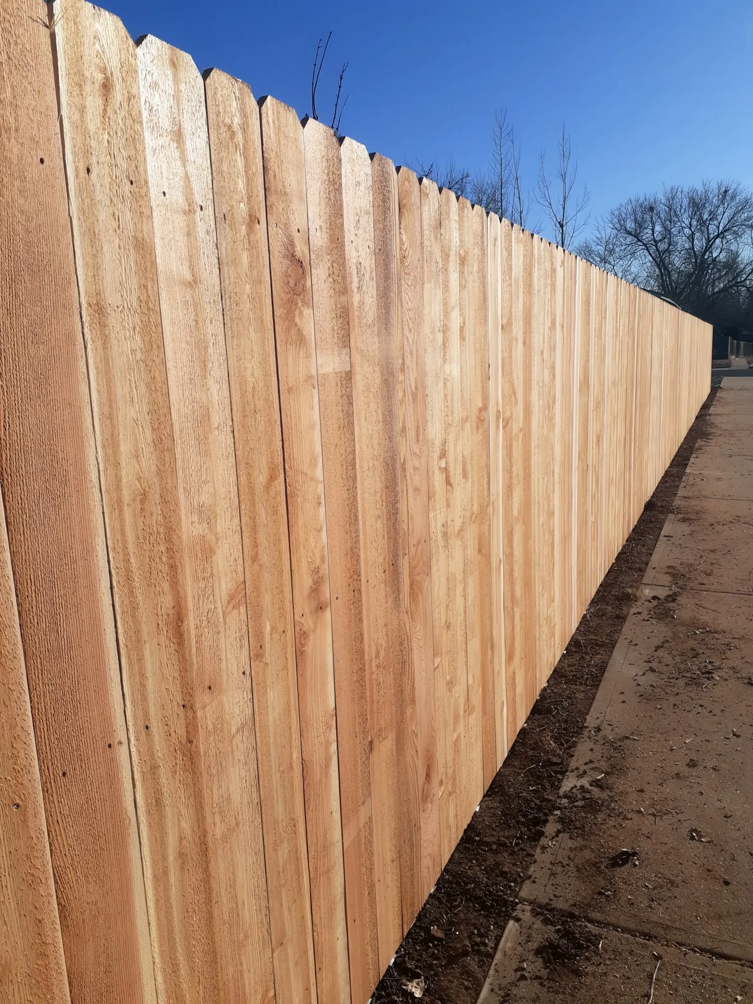 New dog-ear cedar privacy fence running along a sidewalk