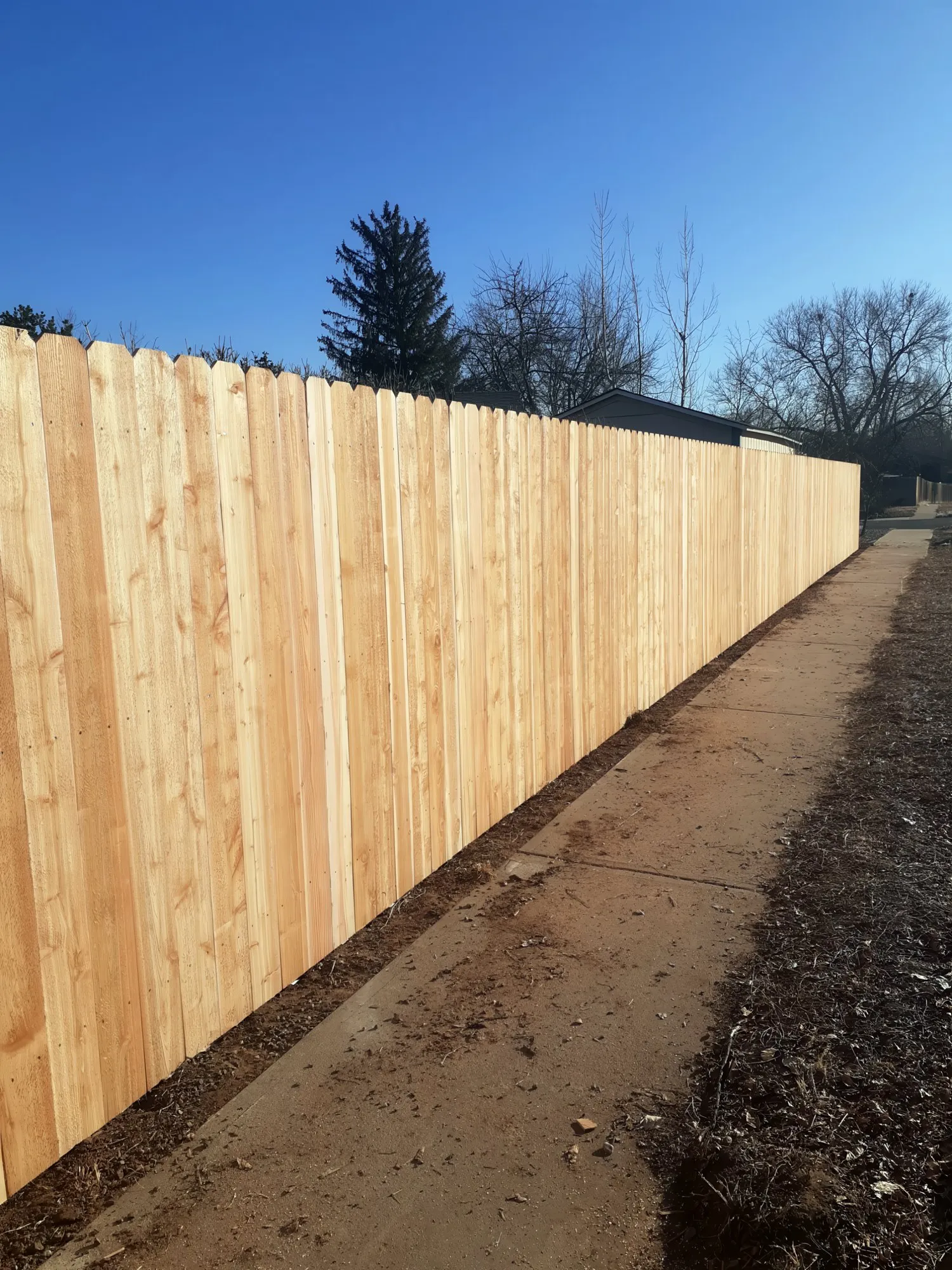 Long new cedar fence beside a sidewalk under a clear sky
